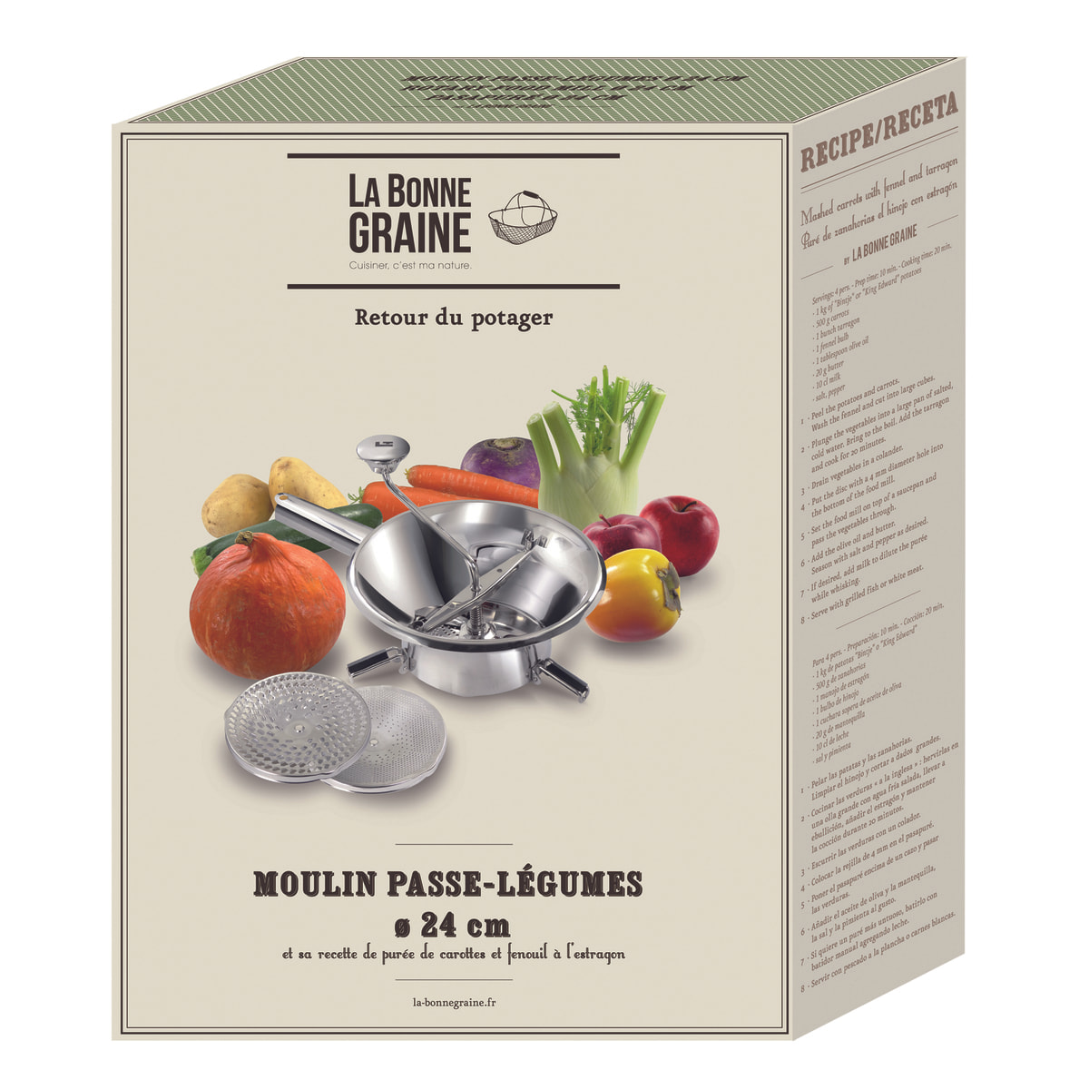Moulin passe-légumes Ø 24 cm inox - 3 grilles - Pack La Bonne Graine
