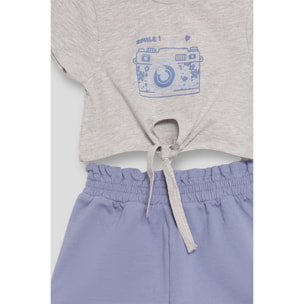Conjunto niña 2 piezas Camiseta blanca algodón con nudo frontal y estampado cámara + Shorts Azul cintura elástica, bolsillos laterales, transpirable | Color: Azul | Street Monkey