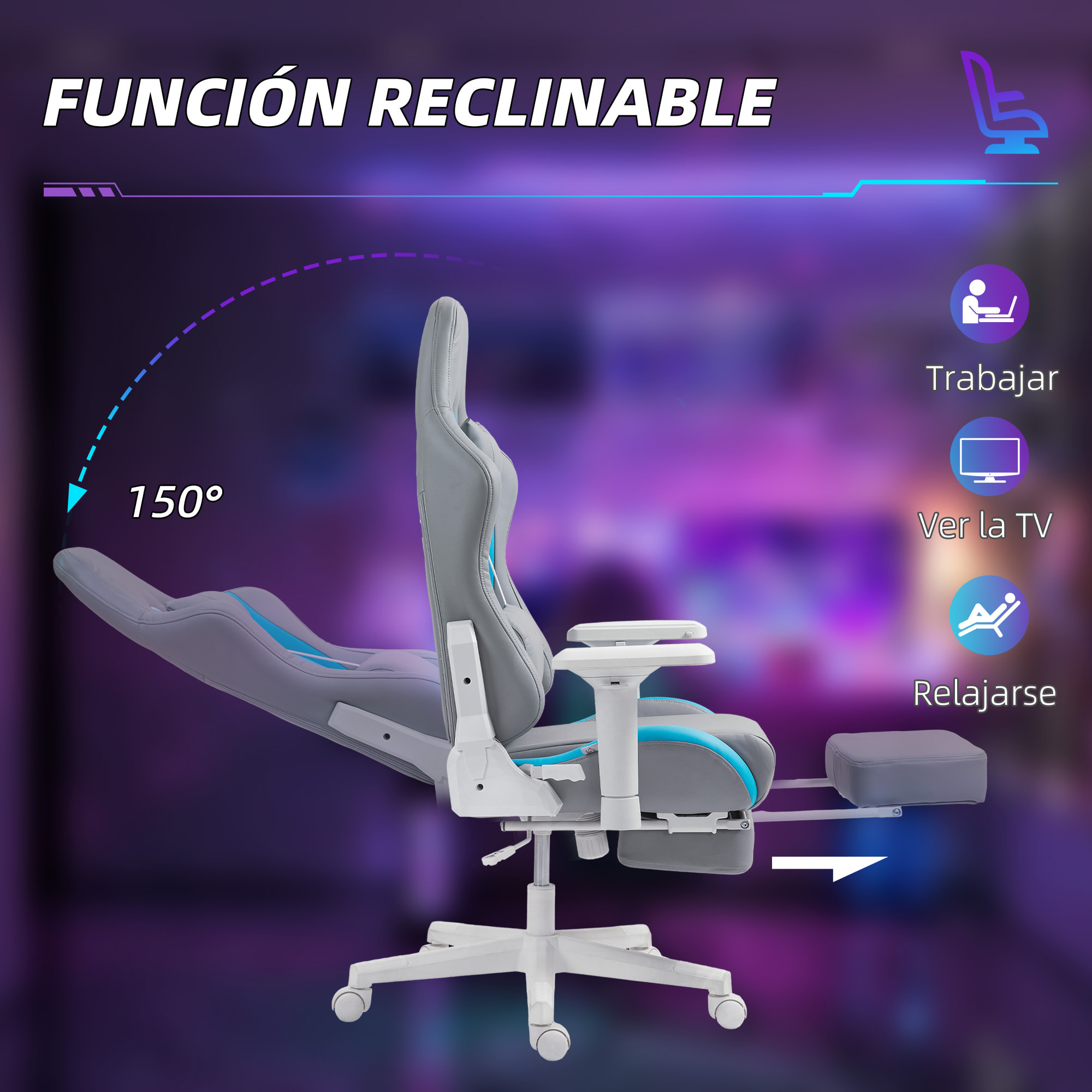 Silla Gaming Silla Gamer Reclinable con Altura Ajustable Reposapiés Retráctil Soporte Lumbar y Reposacabezas Desmontable Silla para Oficina Estudio Gris Claro y Azul