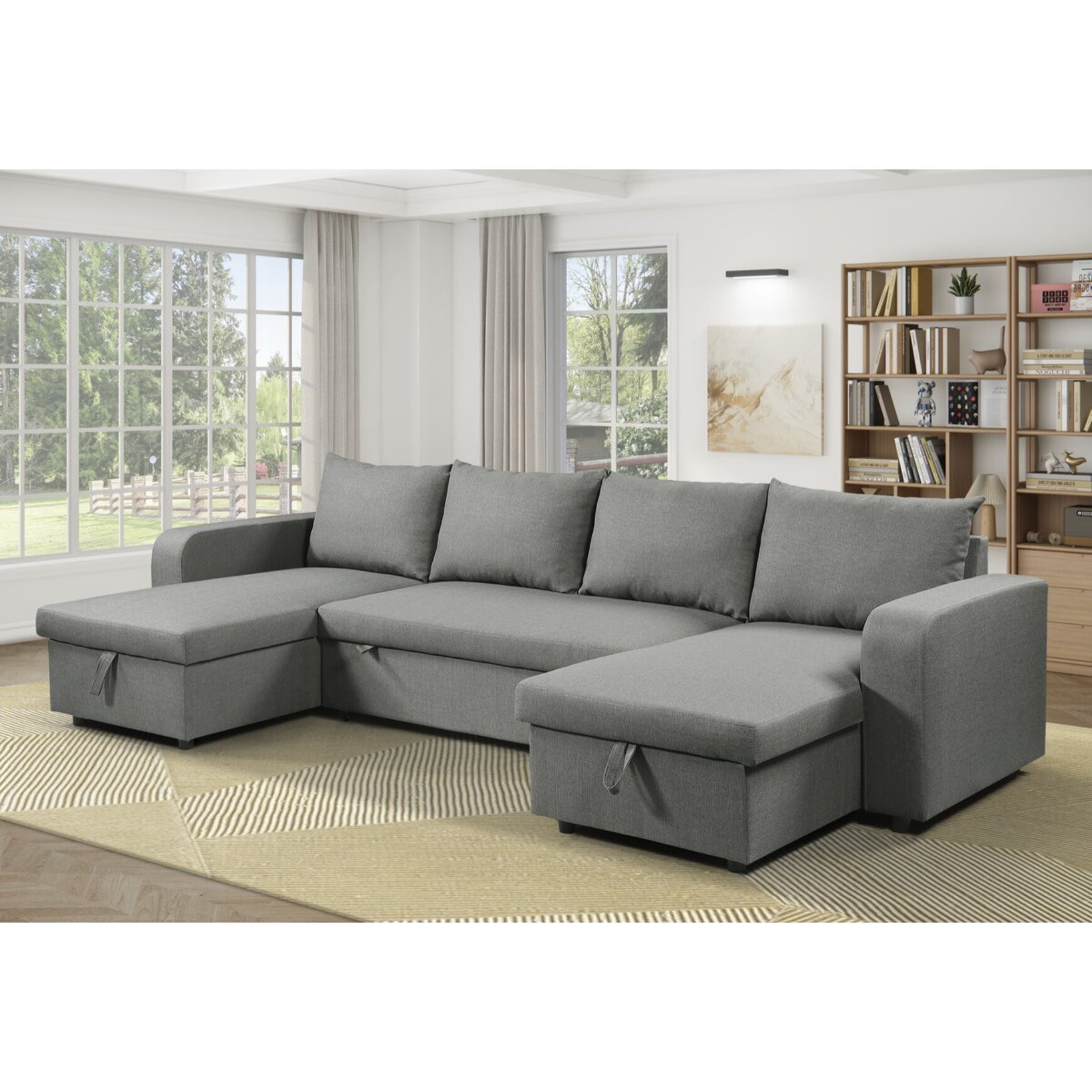 Canapé d'angle panoramique convertible en tissu "Victor" - 4 places - Gris