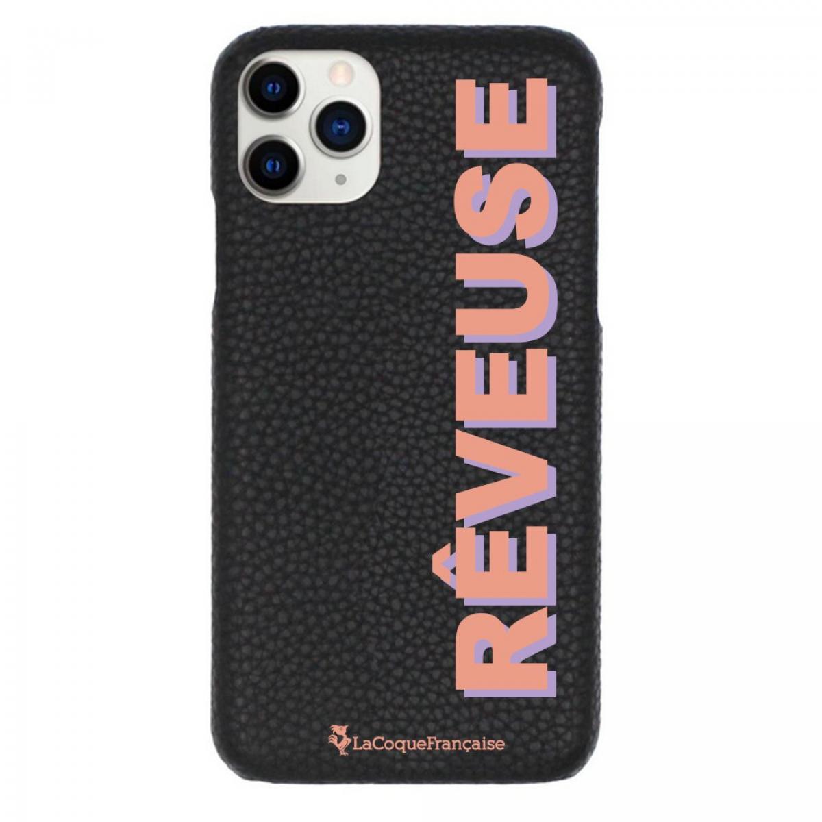 Coque iPhone 11 Pro effet cuir grainé noir Rêveuse corail et parme Design La Coque Francaise