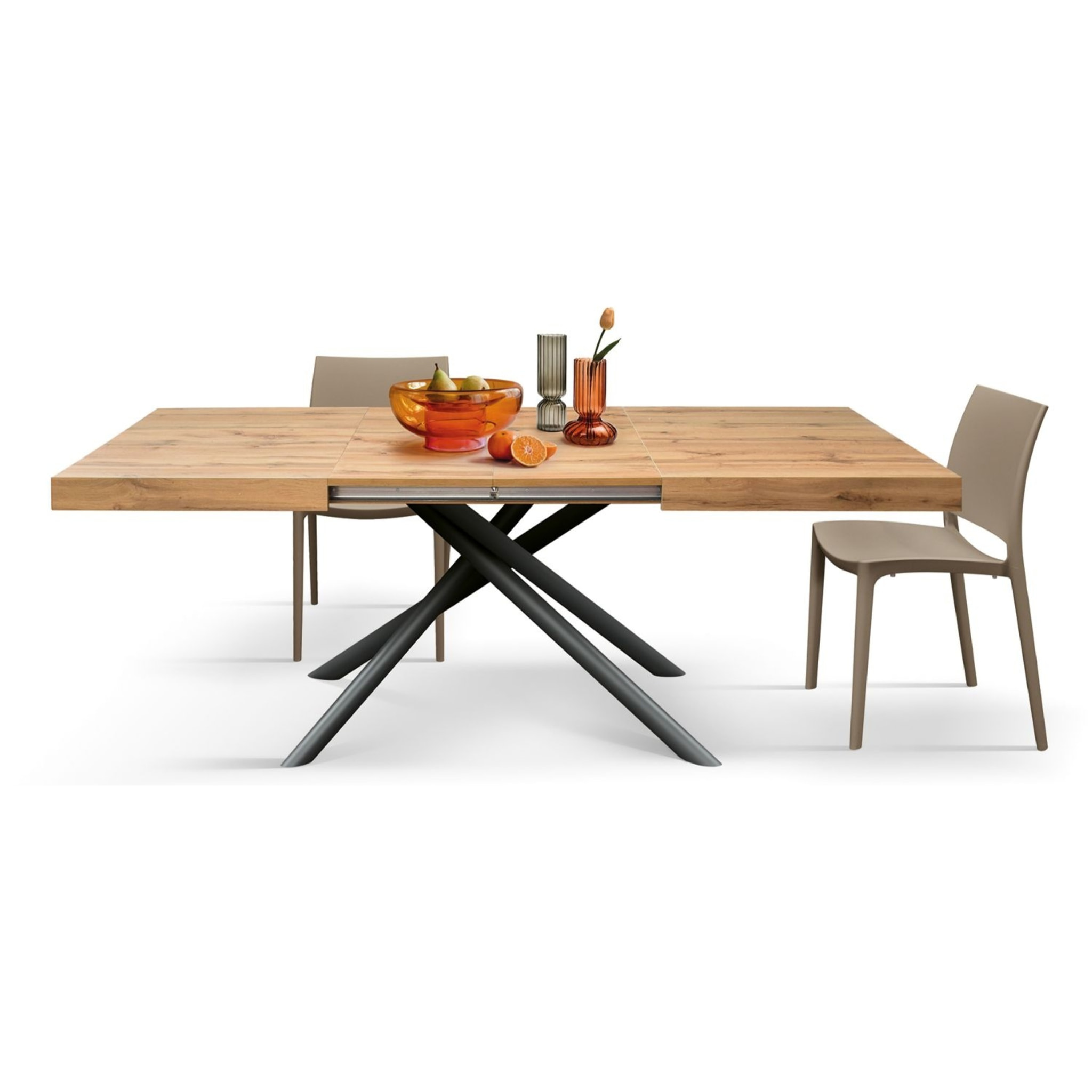 Tavolo CARRARA in legno, finitura rovere rustico e base in metallo verniciato antracite, allungabile 180×90 cm – 260×90 cm