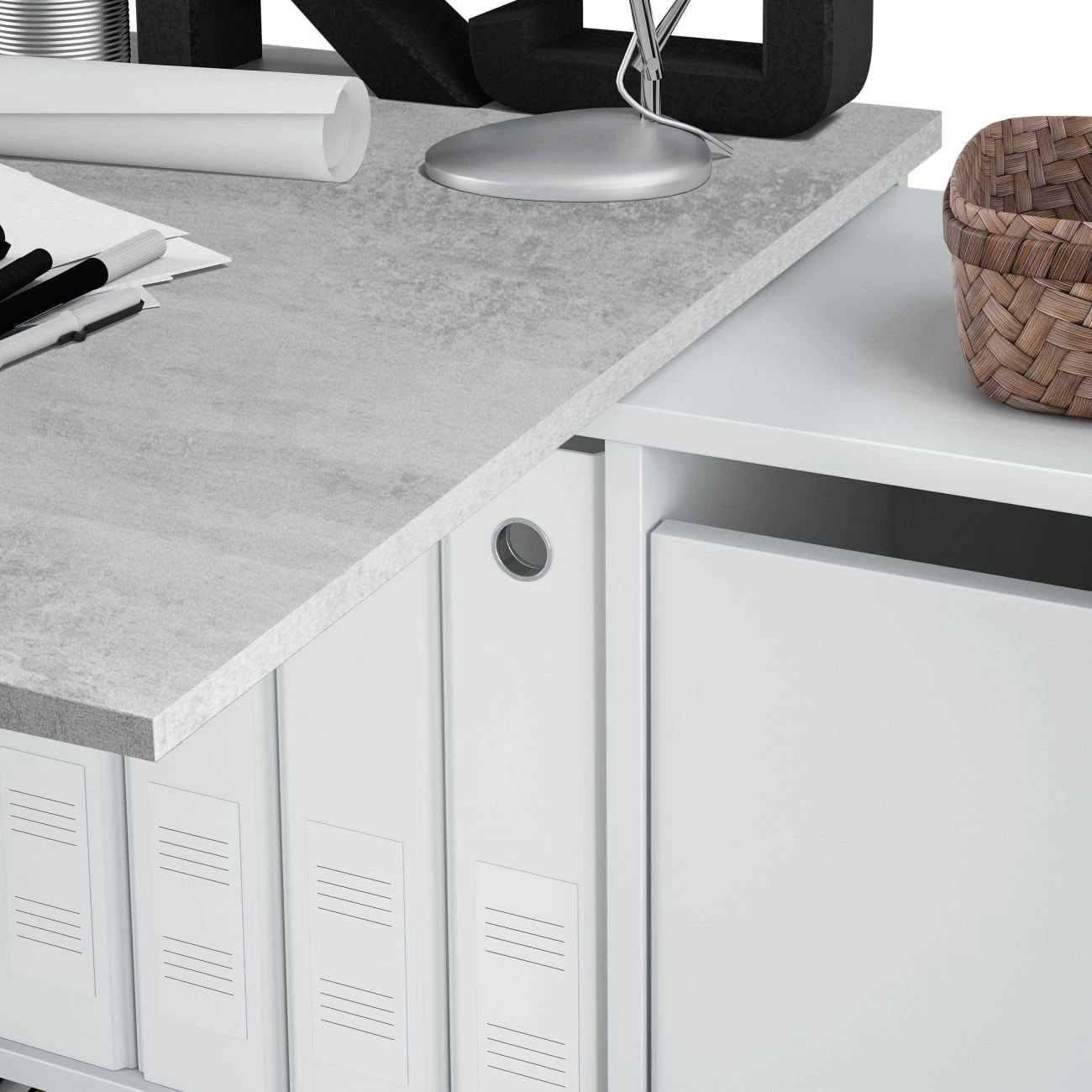 Mesa de escritorio multiposición en blanco mate y gris cemento 136x139 cm Adapta XL Blanco Artik (Blanco Mate) - Gris Cemento