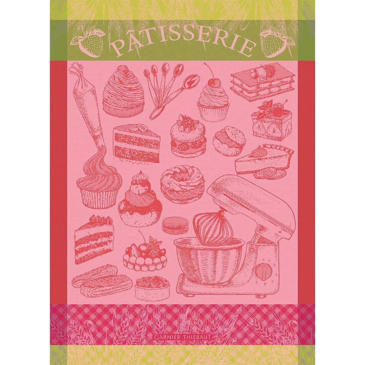 Torchon pur coton motif jacquard rose vert La patisserie rose