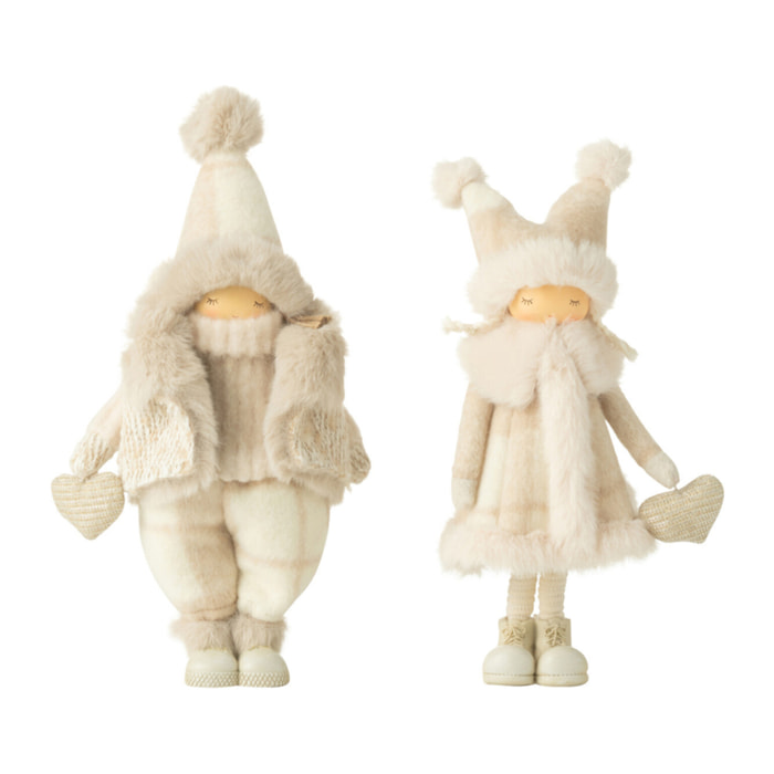 J-Line figurine garçon + Fille Hiver Coeur - polyrésine - beige - small - 2 pièces