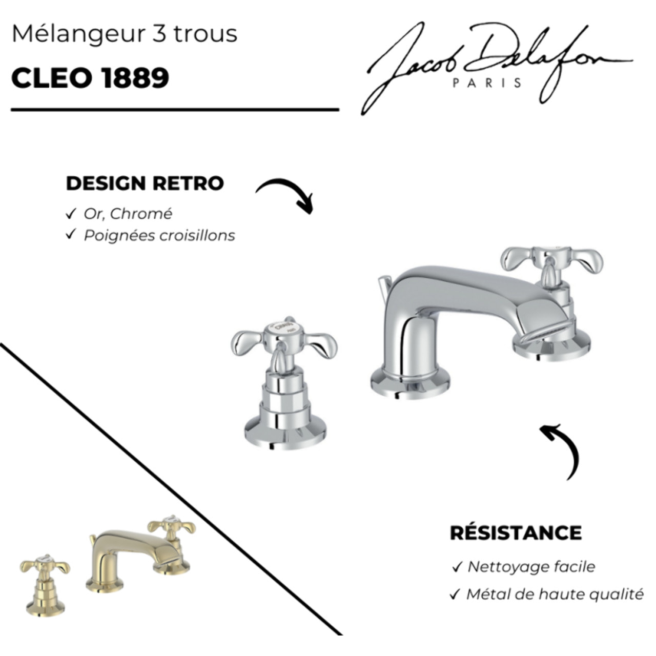 Mitigeur lavabo 3 trous rétro Cleo poignées à croisillon chrome