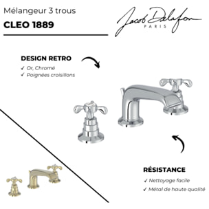 Mitigeur lavabo 3 trous rétro Cleo poignées à croisillon chrome