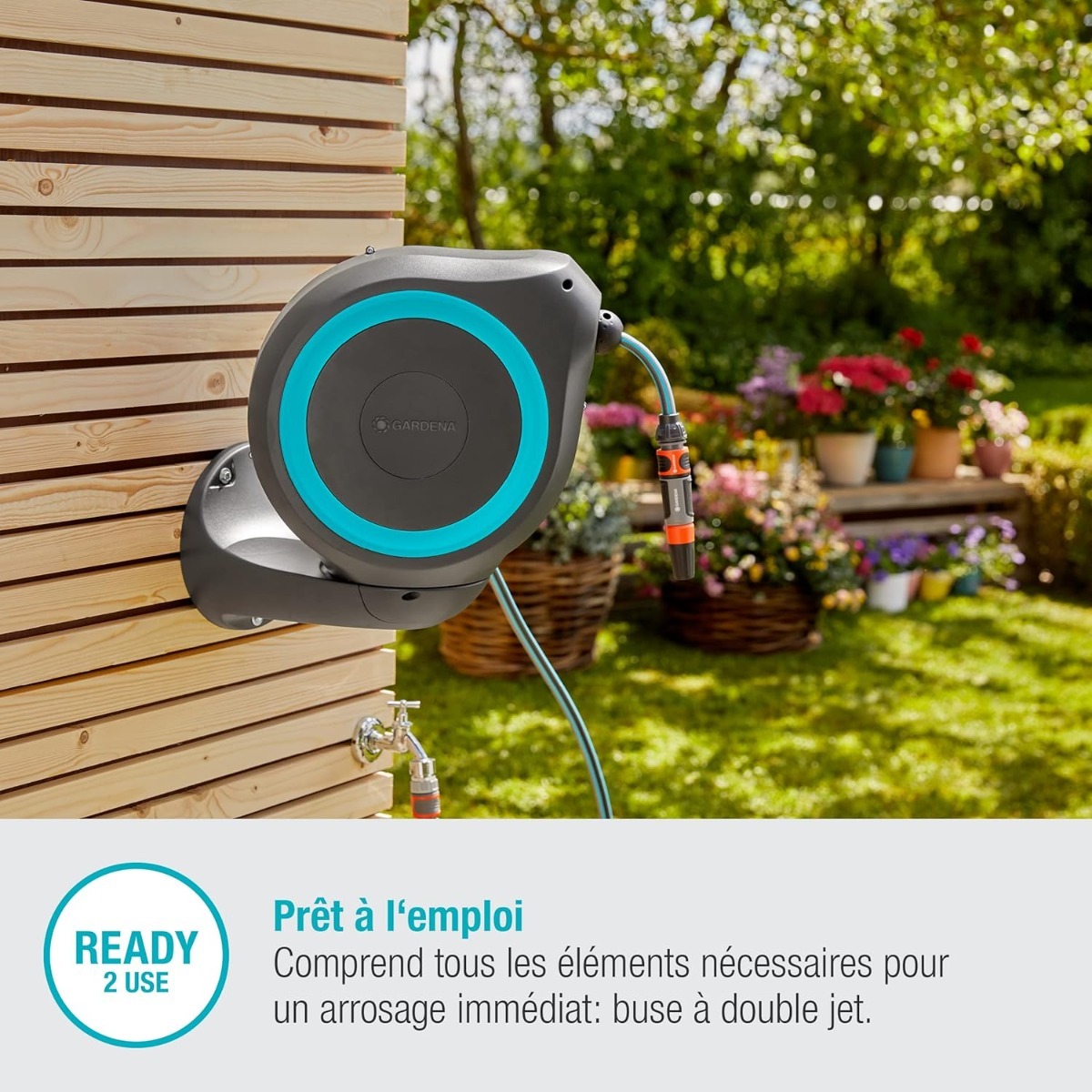 Dévidoir automatique mural RollUp S - 15 m - Bleu turquoise - GARDENA - 18600-20