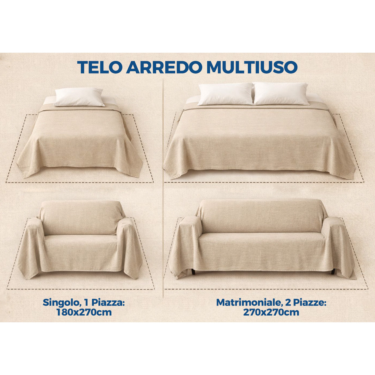 Telo Arredo Copritutto Grandfouldard In 100% Cotone Made In Italy Disegno Sambuco Colore Perla