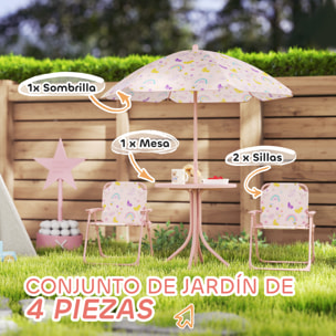 Conjunto de Mesa y Sillas Infantil de Jardín de 4 Piezas Mesa Infantil con Sillas Plegables Sombrilla Ajustable Diseño de Arcoíris para Patio Pícnic Rosa