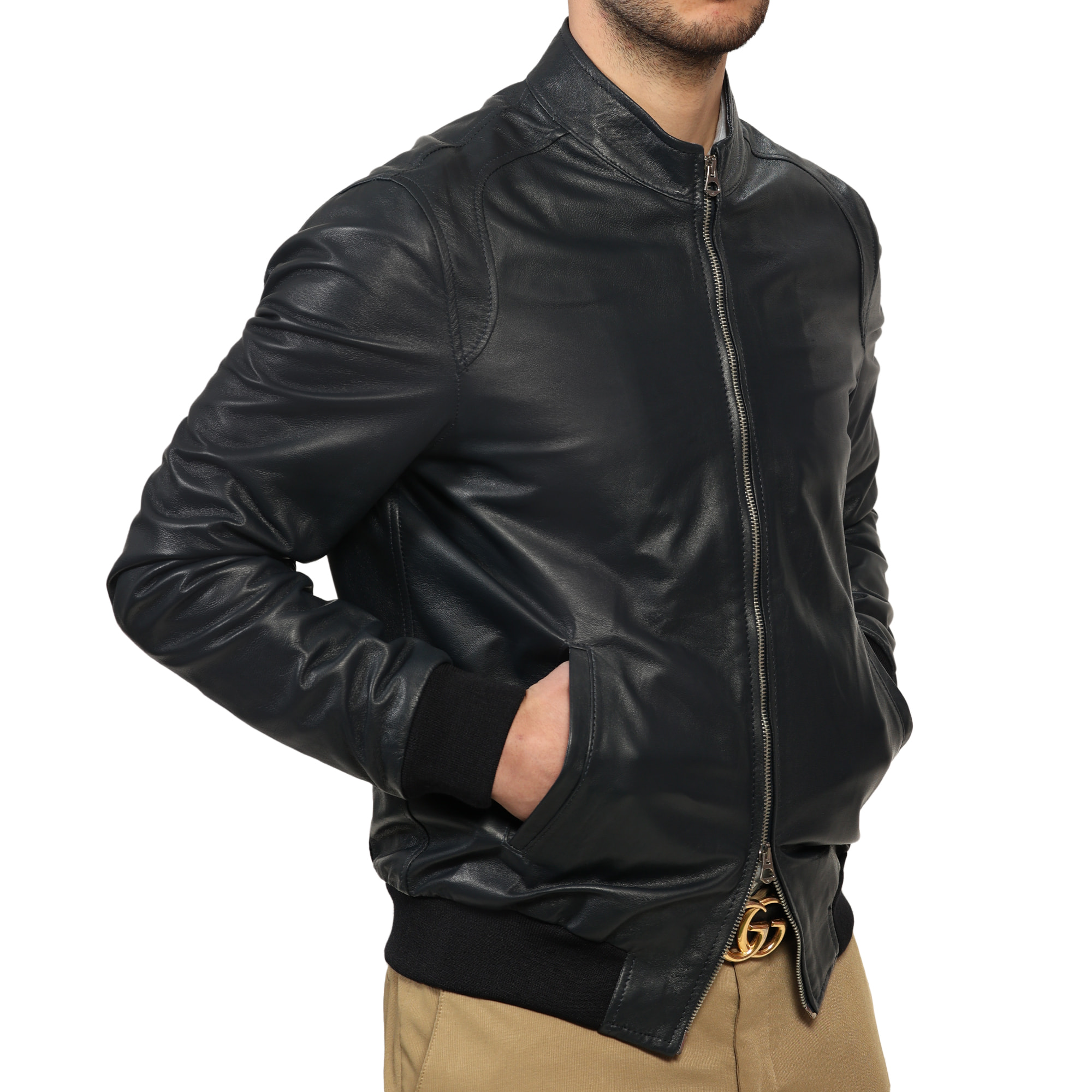 Giubbino in vera pelle di vitello Blu-Slim Fit