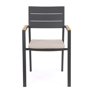 Set 4 sedie da giardino ZELMAR con cuscino tortora, braccioli effetto legno e struttura in alluminio antracite