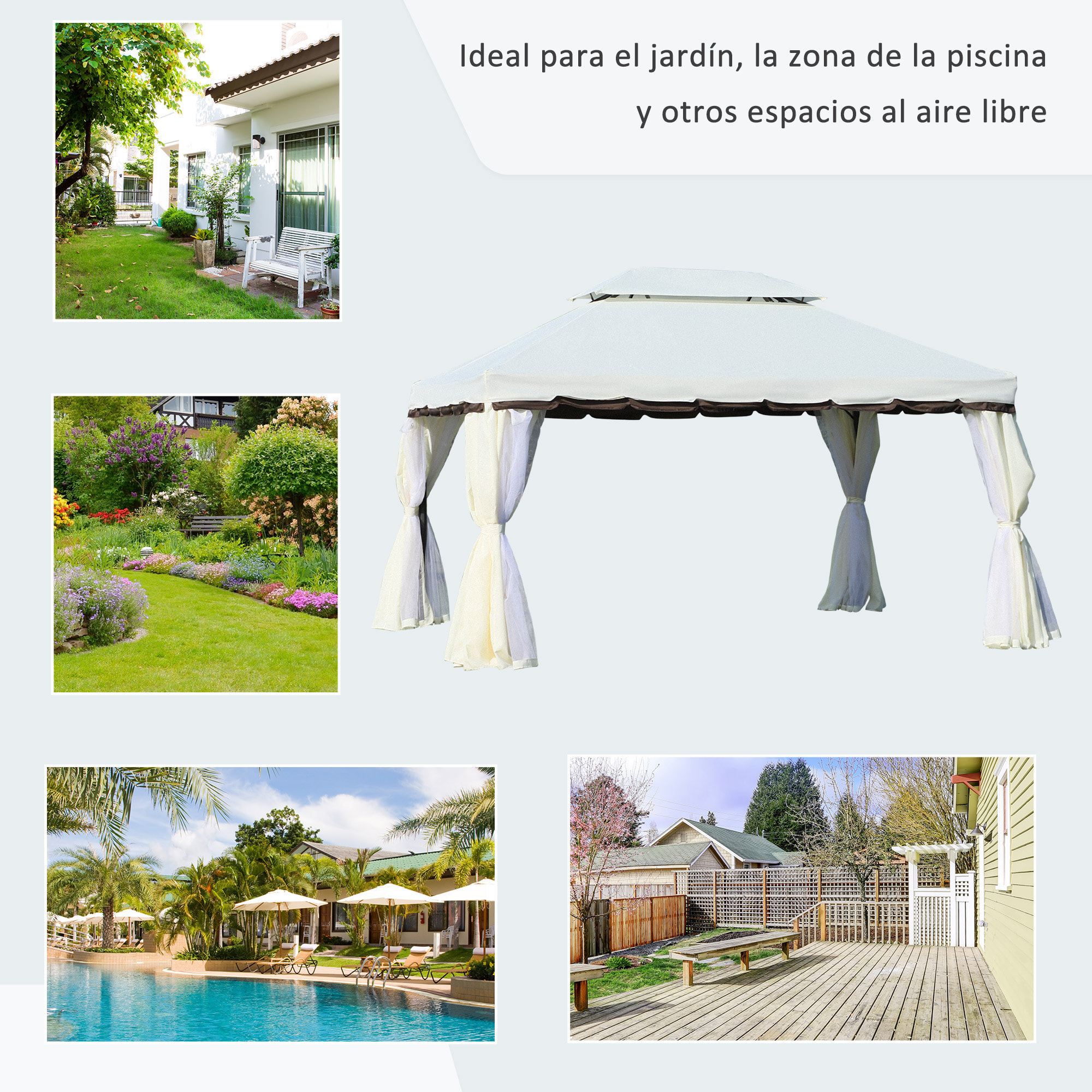 de Jardín 4x3 m, Pabellón de Jardín Gazebo con Doble Techo, 4 Cortinas y Mosquitera, Marco de Aluminio, Orificios de Drenaje, UPF50+, Carpa para Exterior, Terraza, Patio, Blanco Crema