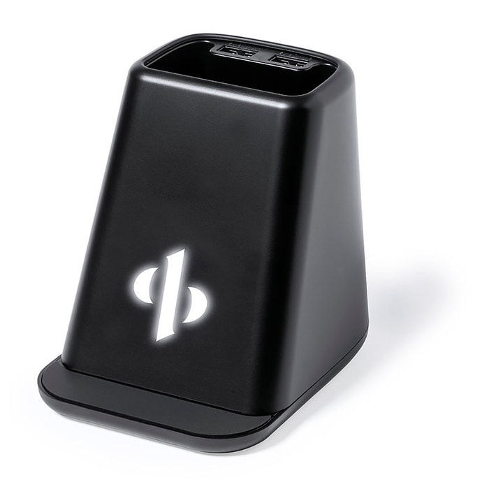 Portapenne multifunzione con luci led. Ricarica wireless da 15 W. 2 uscite USB