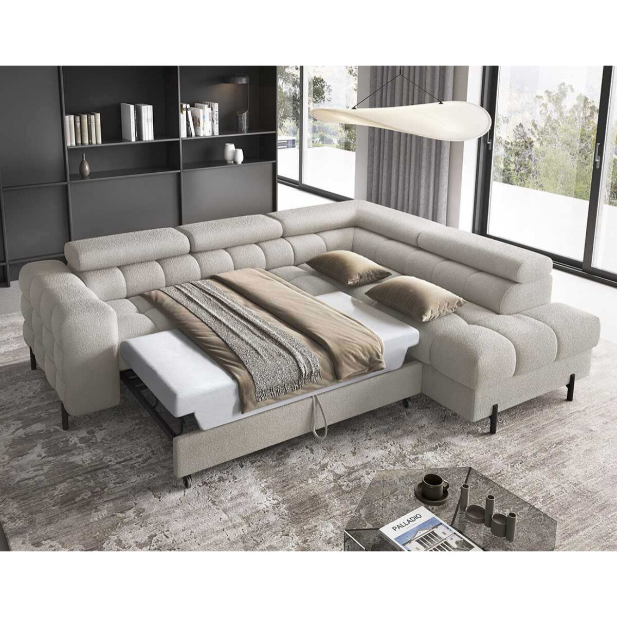 Elisa - canapé d'angle droit 5 places convertible avec coffre et têtières réglables en tissu bouclette - Taupe