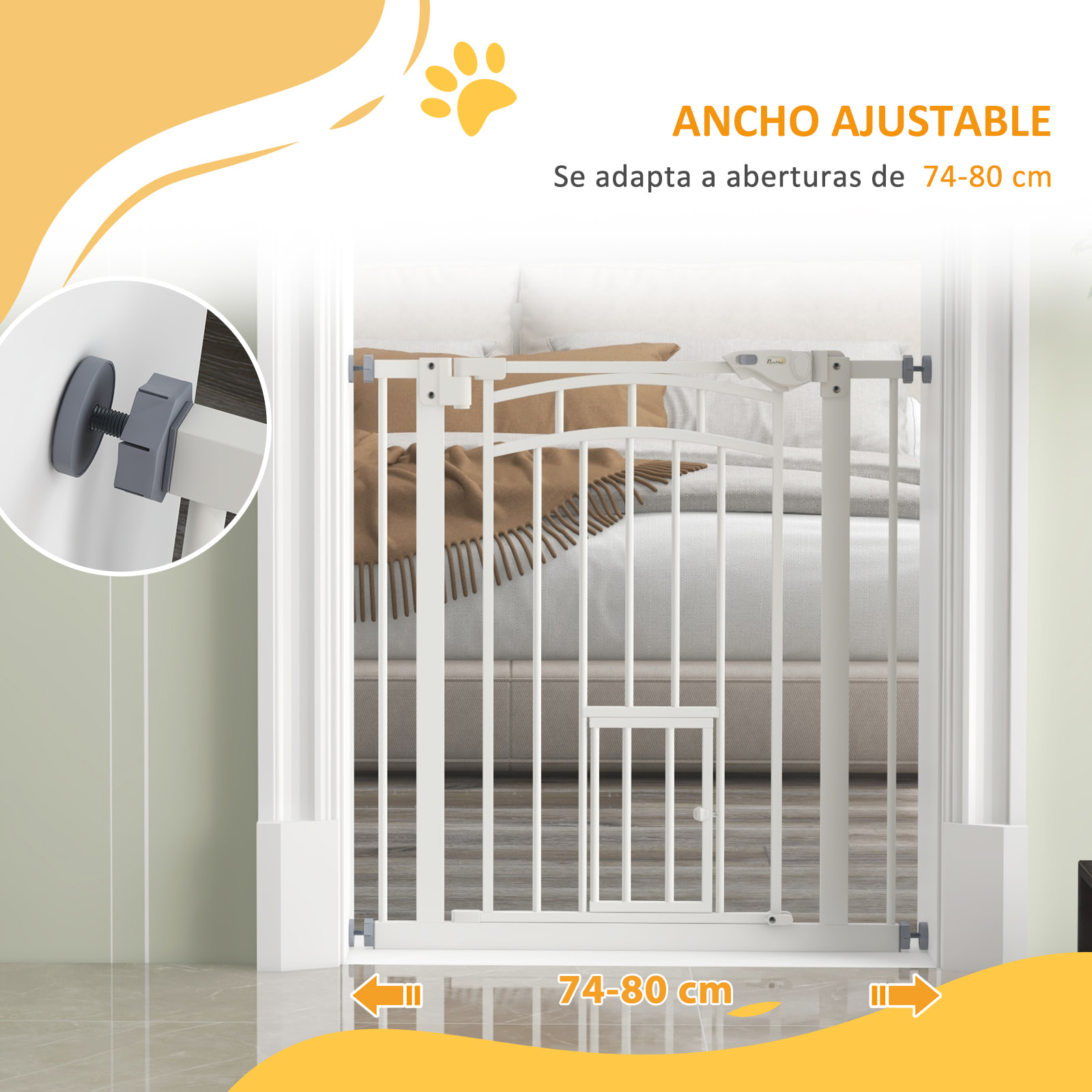 Barrera de Seguridad para Perros Extensible 74-80 cm, para Puertas y Escaleras, Barrera para Perros con Montaje a Presión, Puerta Pequeña y Doble Bloqueo, Blanco