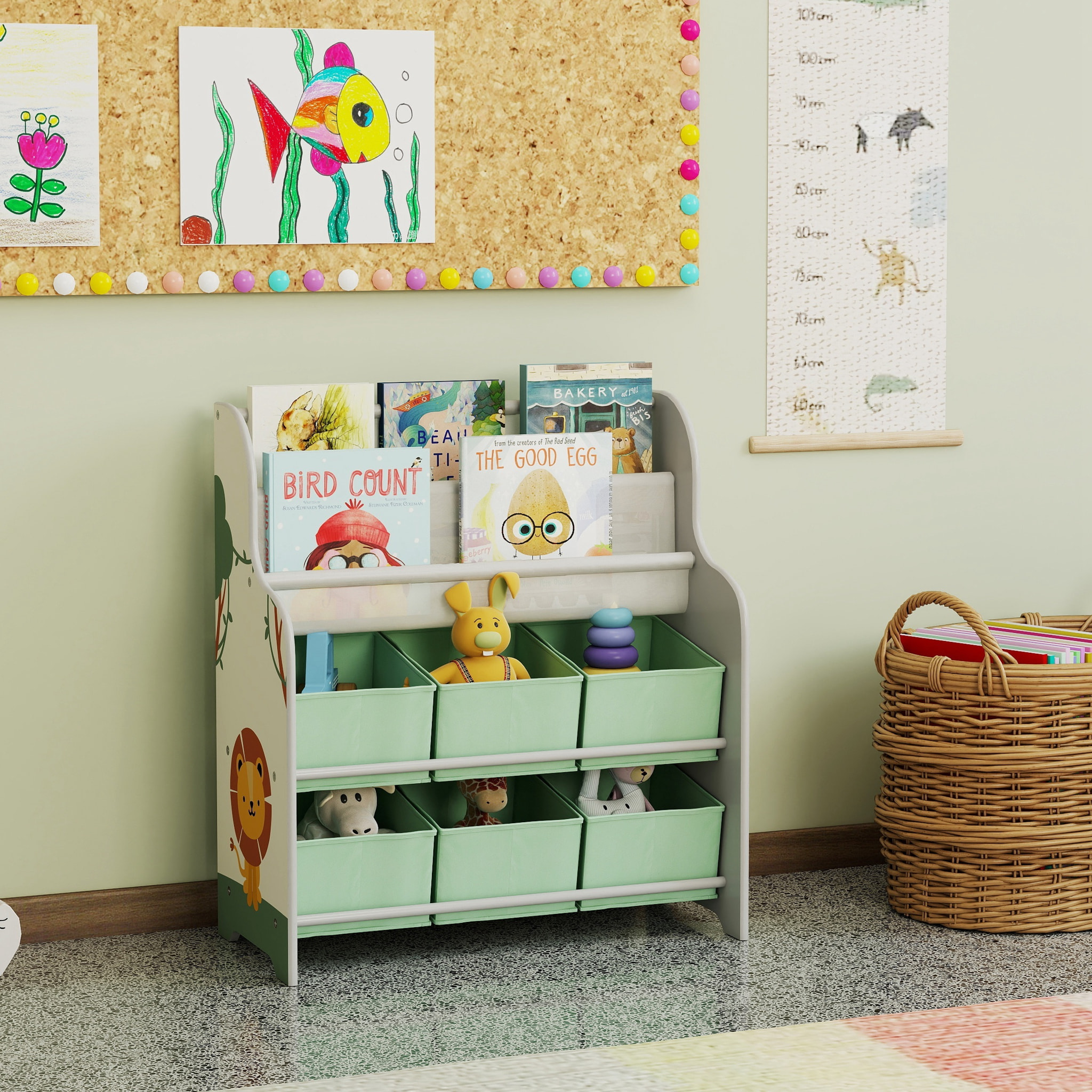 Estantería Infantil para Juguetes, con 6 Cajas Extraíbles de Tela no Tejida, Organizador de Juguetes con 2 Estantes, para Habitación Infantil, Sala de Juegos, Guardería, 63x30x71 cm, Verde