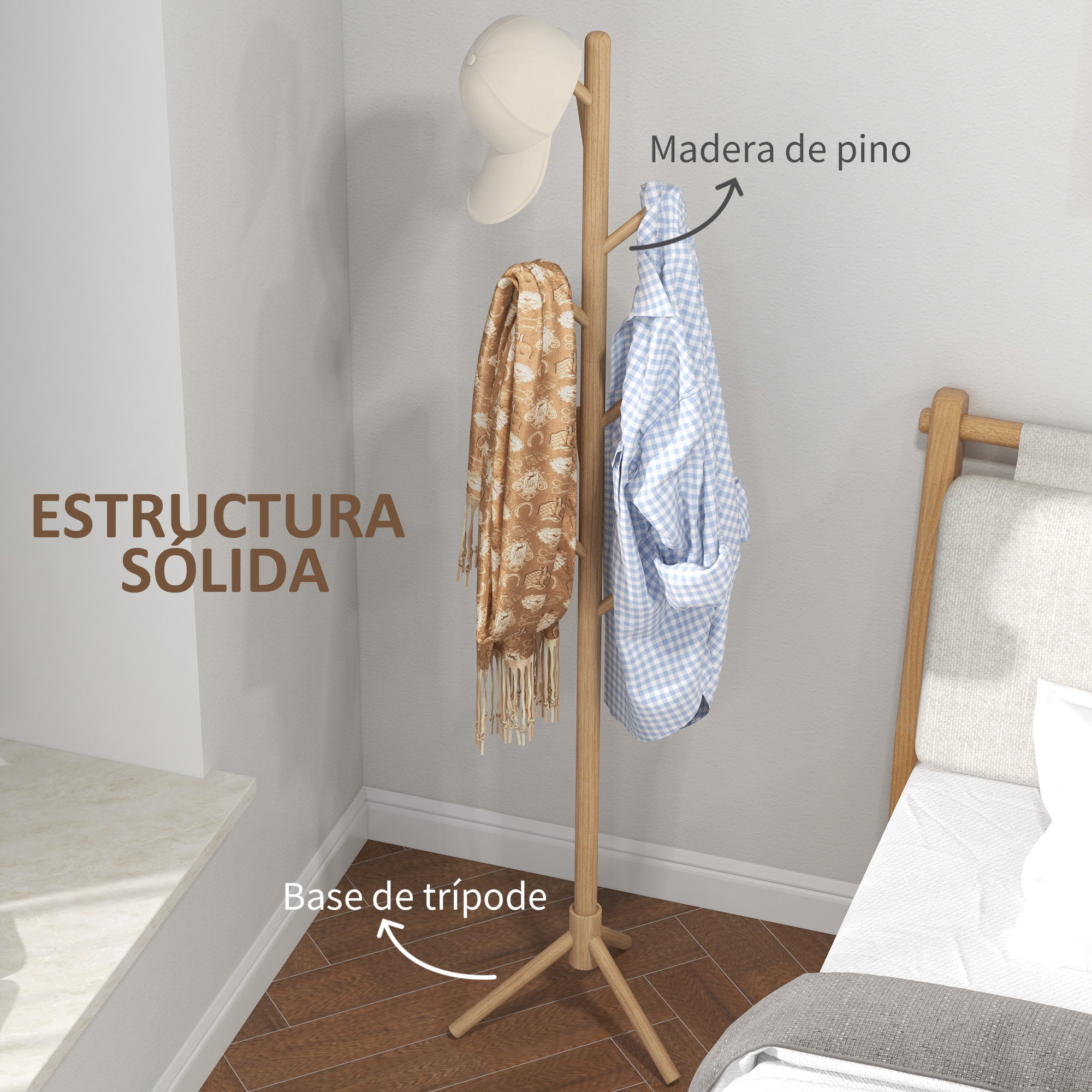 Perchero de Pie Perchero para Ropa de Madera con 8 Ganchos para Colgar Bolsas Forma de Árbol para Pasillo Entrada Dormitorio 40x40x165 cm Natural