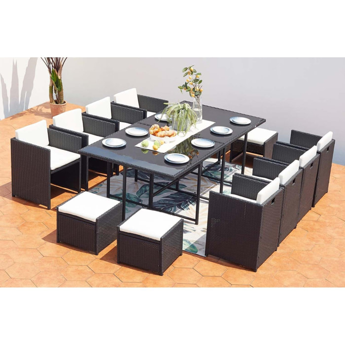 Table et chaises 12 places encastrables résine noir/blanc REGINA