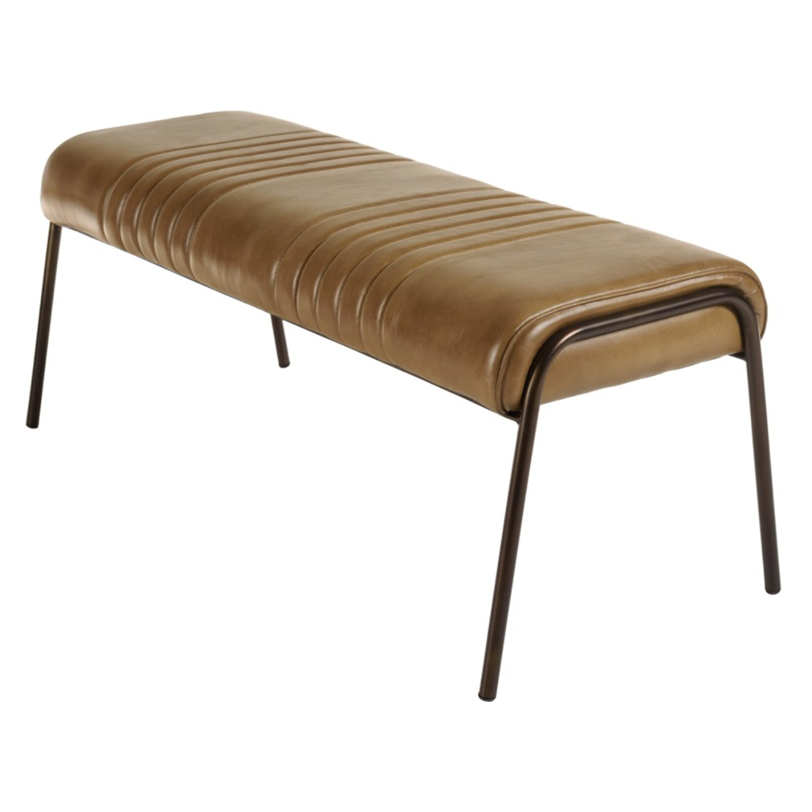 MARCEL - Banc matelassé en cuir marron et pieds acier