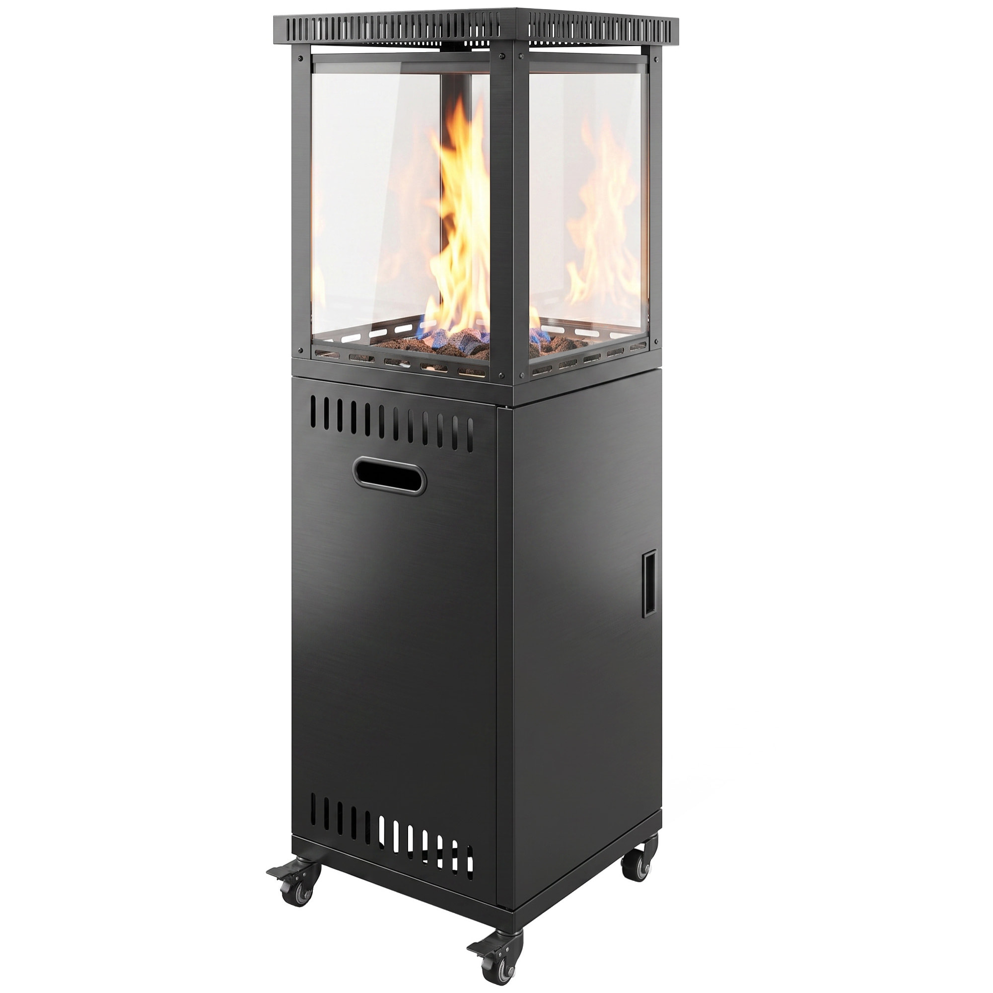 Estufa de Gas Butano Exterior, 13 kW, Calefactor de Gas Terraza con Regulación Continua del Calor, Encendido Piezoeléctrico, Antivuelco, 4 Ruedas, Vidrio Templado y Piedras Lava, 30 m² Negro