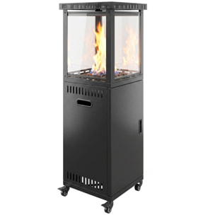 Estufa de Gas Butano Exterior, 13 kW, Calefactor de Gas Terraza con Regulación Continua del Calor, Encendido Piezoeléctrico, Antivuelco, 4 Ruedas, Vidrio Templado y Piedras Lava, 30 m² Negro