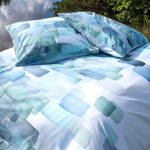 Lot h.couette +taies percale de coton 115 g/m² imprimé bleu vert Ondine mineral