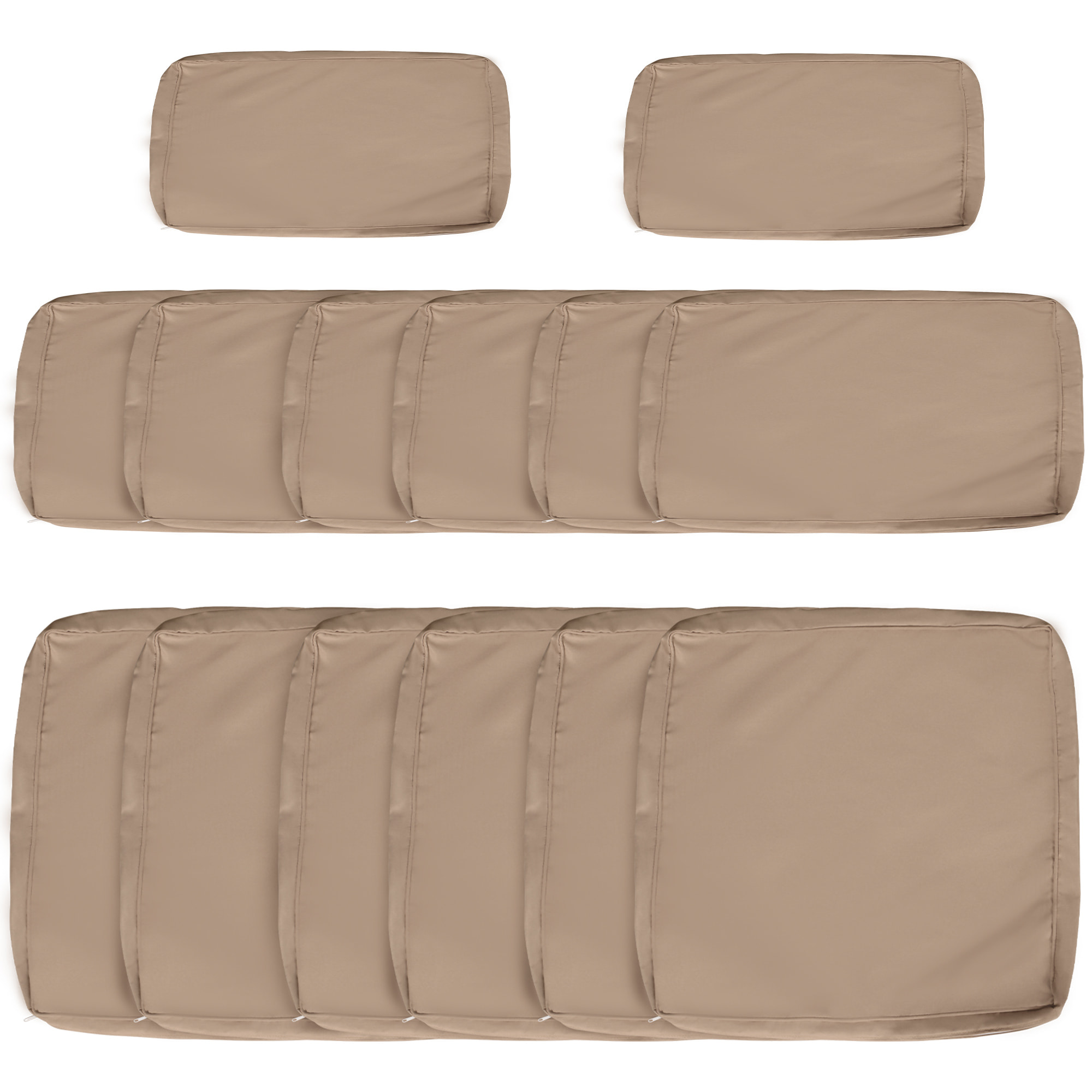 Lot de 14 housses de rechange coussins salon de jardin - 6 housses coussin d'assise, 8 housses coussin dossier - housses zippées polyester déperlant marron