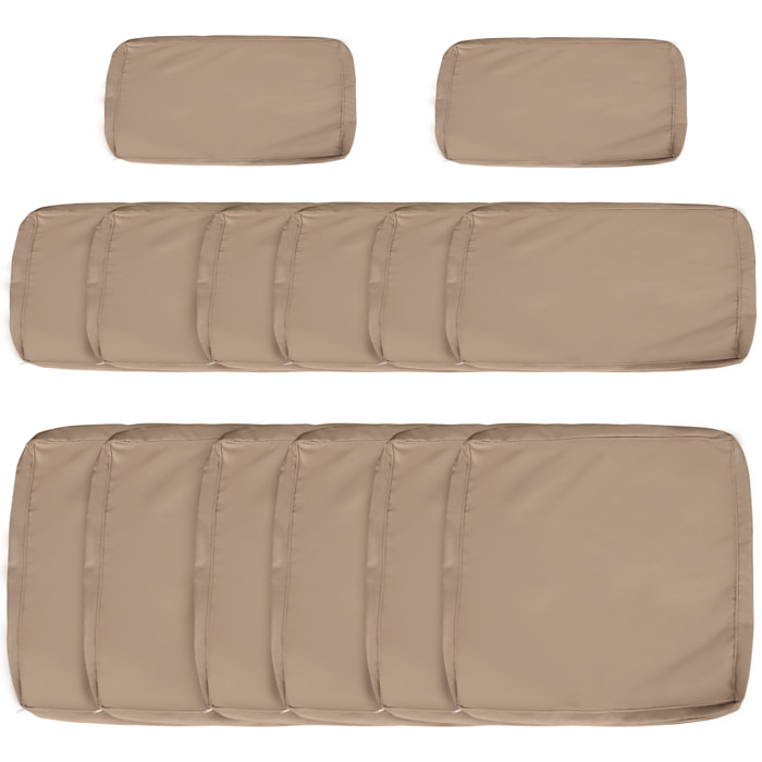 Lot de 14 housses de rechange coussins salon de jardin - 6 housses coussin d'assise, 8 housses coussin dossier - housses zippées polyester déperlant marron