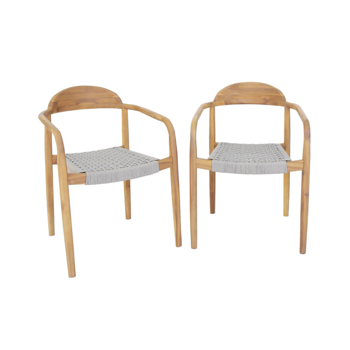 Lot de 2 fauteuils CERINA en bois d'acacia. assise beige en résine. 55.5 x 55 x 79 cm