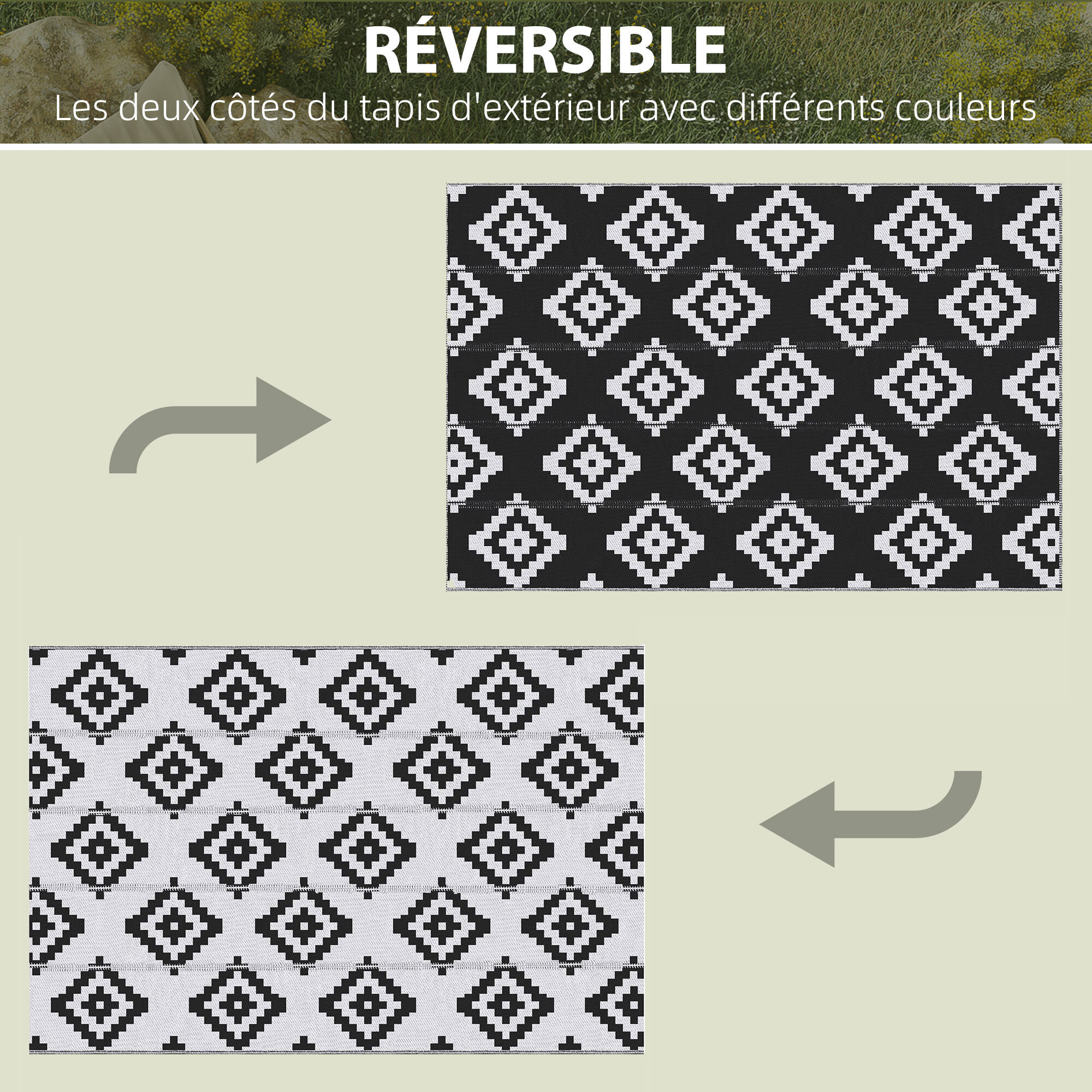 Tapis extérieur style graphique - tapis réversible 2 motifs - dim. 2,74L x 1,82l m, ép. 3 mm - PP haute densité 310 g/m² noir blanc