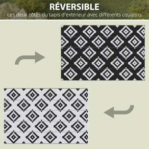 Tapis extérieur style graphique - tapis réversible 2 motifs - dim. 2,74L x 1,82l m, ép. 3 mm - PP haute densité 310 g/m² noir blanc