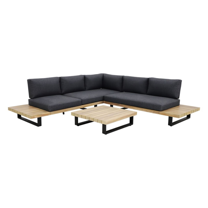 Salon de jardin en bois d'acacia et coussins noir 6 places DOURO