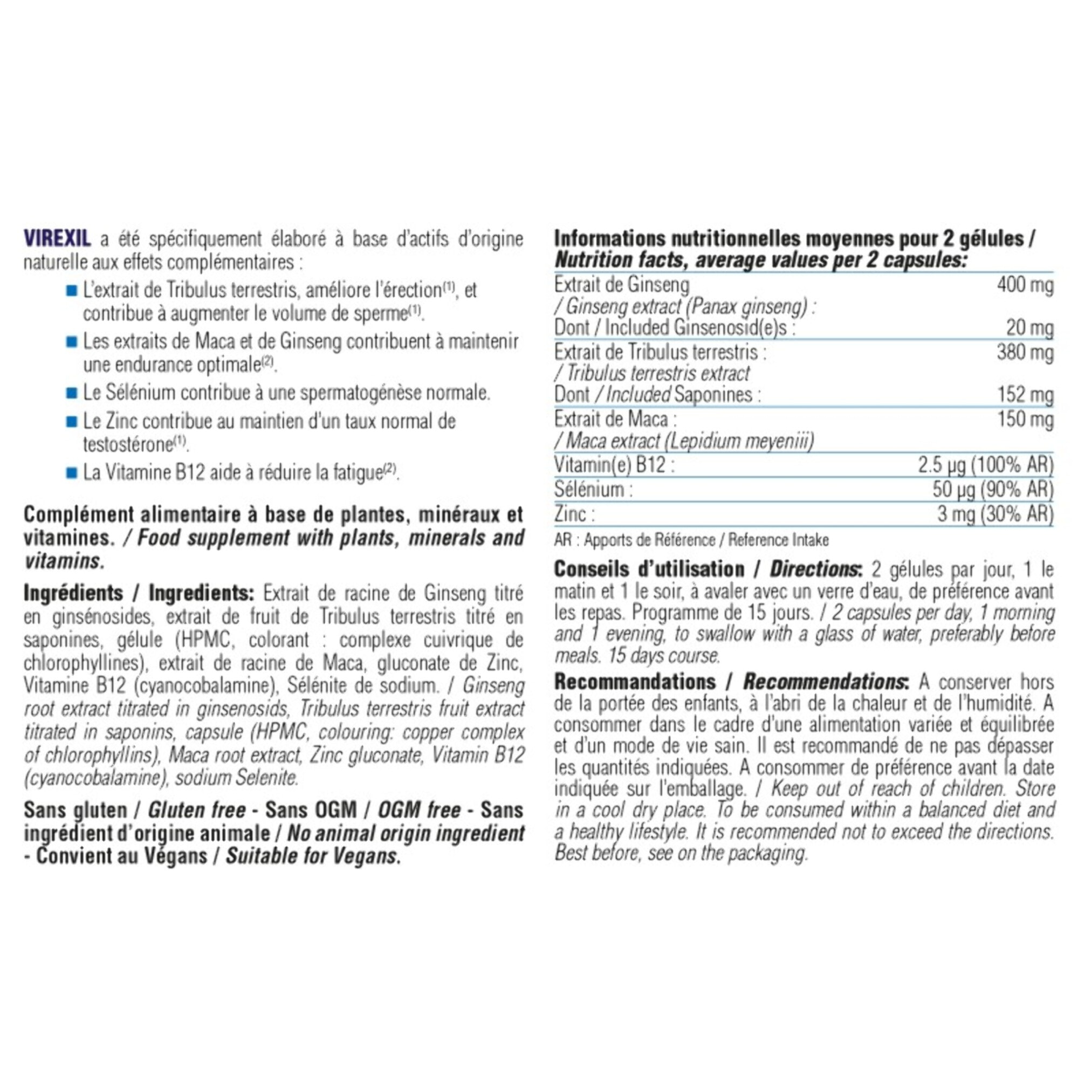 NUTRI EXPERT - Virexil - Aide à maintenir l'endurance - Stimule la libido et le désir - Contribue à une spermatogénèse normale - Complexe aux Actifs stimulants - Actifs d'origine naturelle - 30 gélules