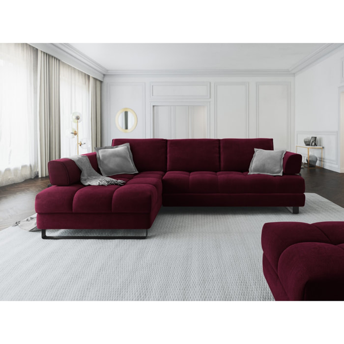 Canapé d'angle gauche convertible avec coffre de rangement "Clinton" 5 places en velours rouge foncé