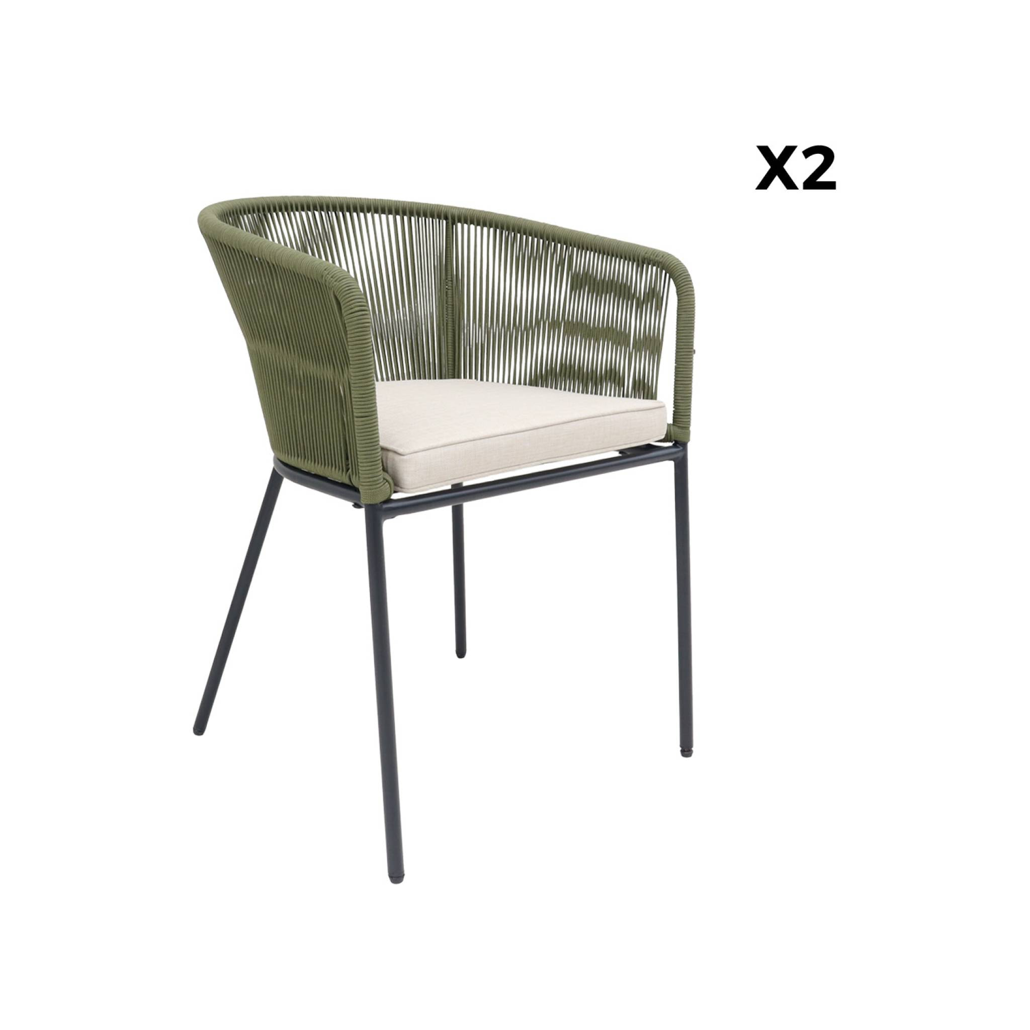 Lot de 2 fauteuils de jardin en corde kaki et acier galvanisé. coussins beige