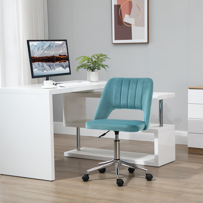 Chaise de bureau design contemporain dossier ergonomique ajouré strié hauteur réglable pivotante 360° piètement chromé velours bleu canard