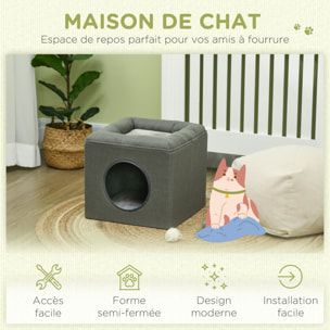 Panier chat pouf 2 en 1 - coussin amovible lavable - MDF PVC tissu aspect lin vert de gris