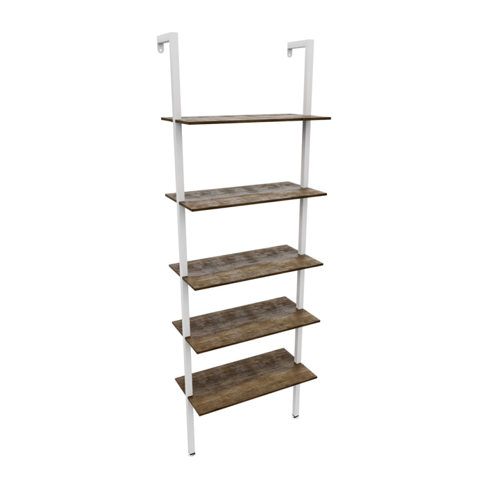 Komo - Scaffale Libreria a Muro 60x185x30 cm 5 Ripiani in Legno Oak Struttura in Metallo Bianco