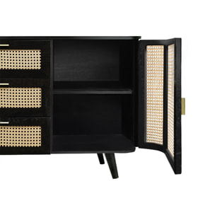 Buffet noir 2 portes 3 tiroirs en bois de manguier et cannage - Wendy