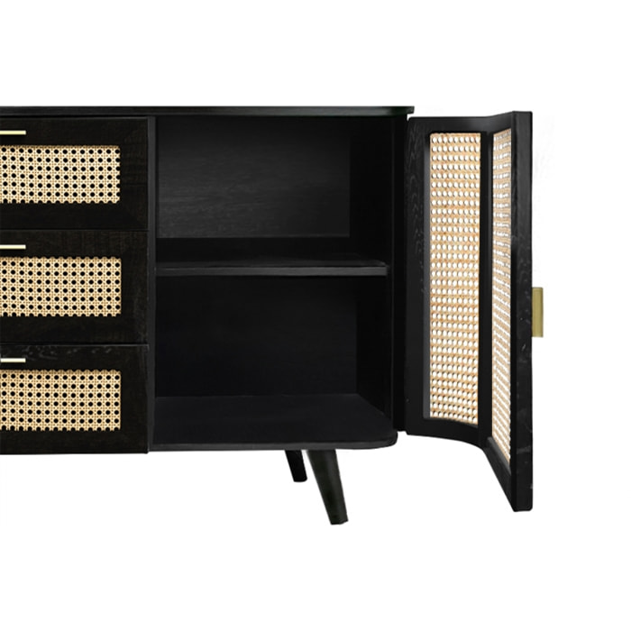 Buffet noir 2 portes 3 tiroirs en bois de manguier et cannage - Wendy