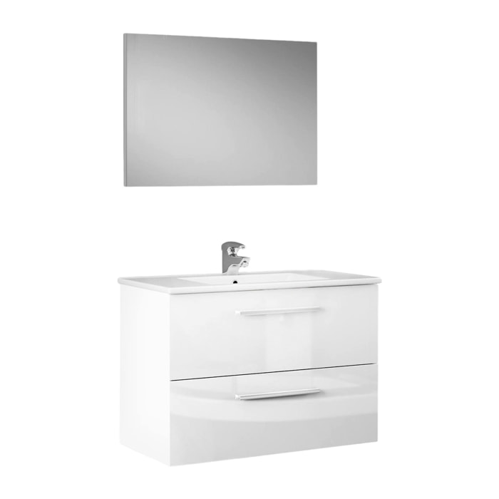 Mobile sottolavabo Inglewood, Mobiletto per bagno sospeso, Armadio a 2 cassetti e specchio, cm 80x45h57, Bianco lucido