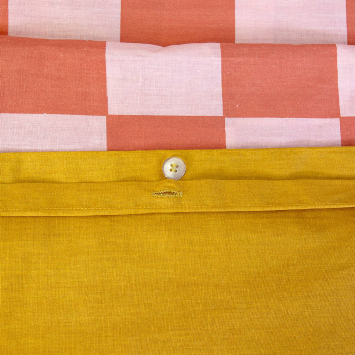 Parure de lit coton motifs damier 2 places rouge et orange FUTUNA