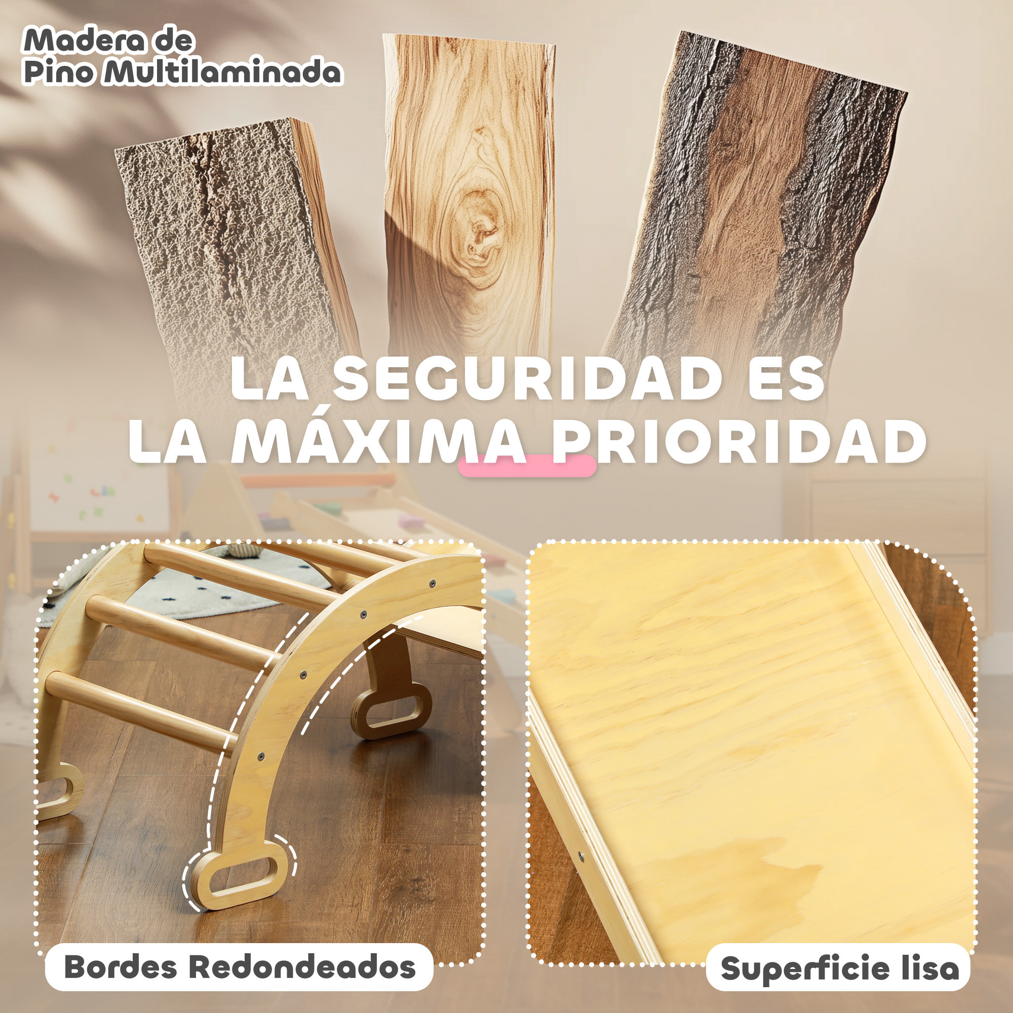 5 en 1 Triángulo de Escalada Montessori con Arco y Rampa, Escalada para Niños de Madera Plegable, para 18-48 Meses, para Deslizarse o Escalar, 178x64,5 cm, Madera Natural