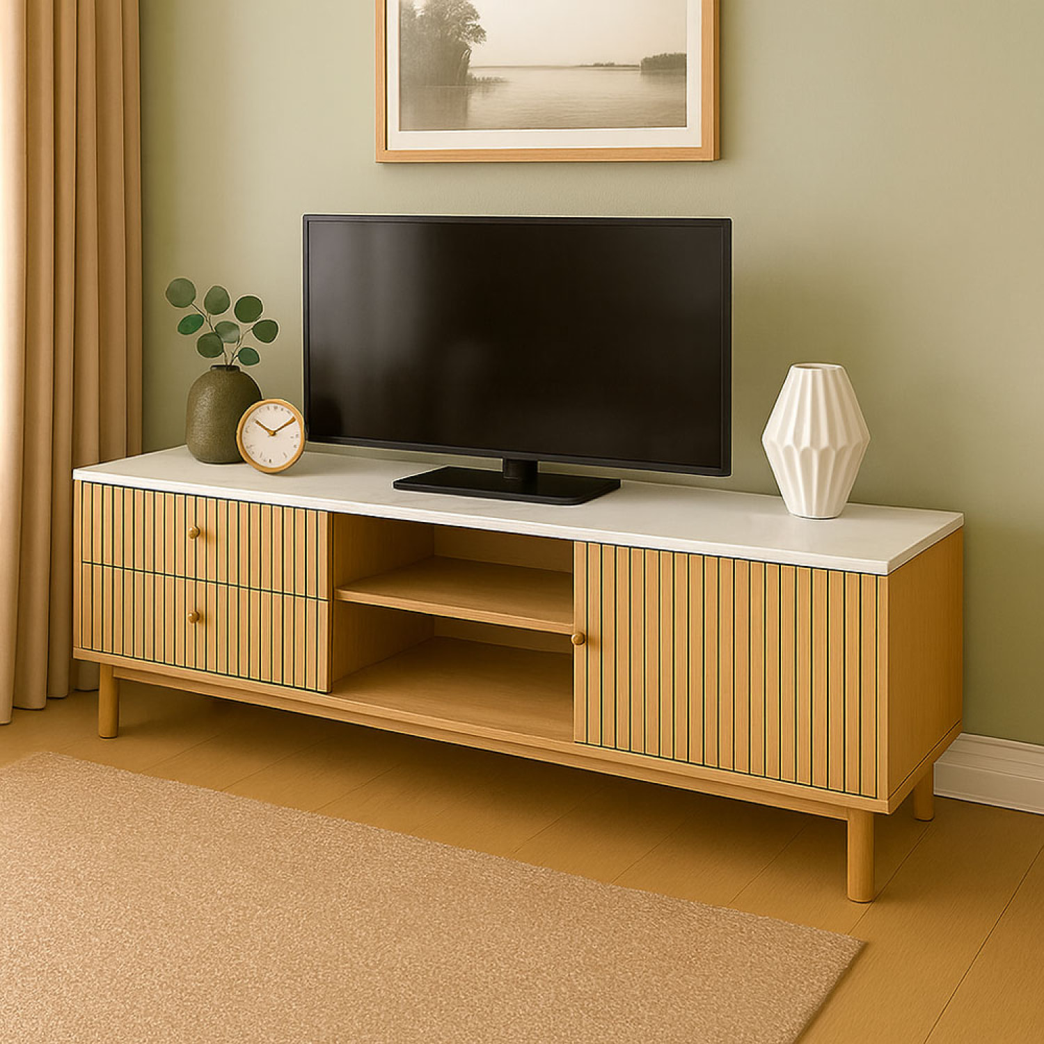 TOMAR Meuble TV aspect bois rainuré et blanc avec tiroirs et placard 150cm