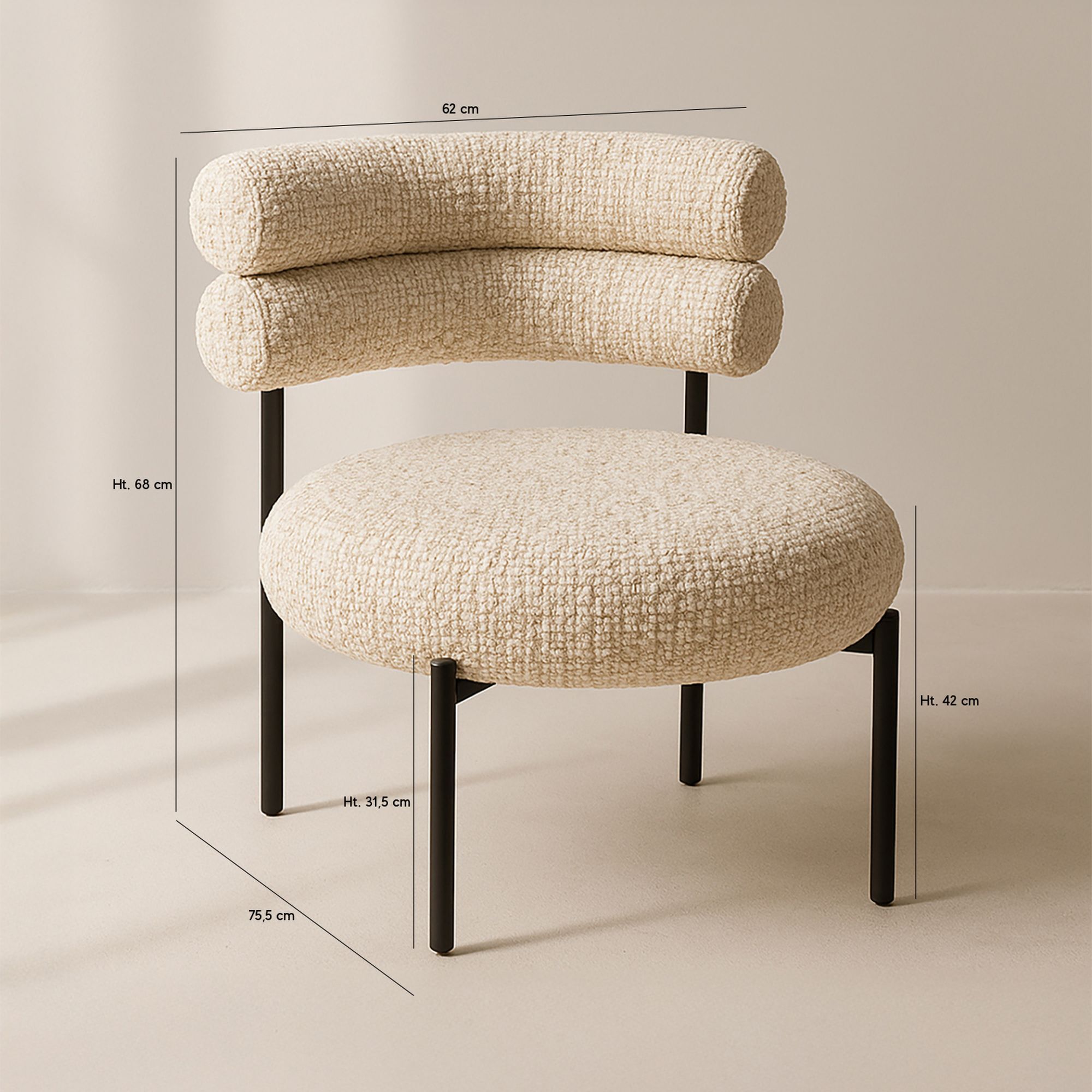 Fauteuil lounge en tweed beige avec pieds en métal noir GINA