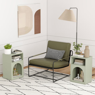 Juego de 2 Mesitas de Noche Modernas Mesillas de Noche Estrechas con 2 Compartimentos Abiertos Diseño en Forma de Arco Mesas Auxiliares para Salón Dormitorio 40x30x60 cm Verde Claro