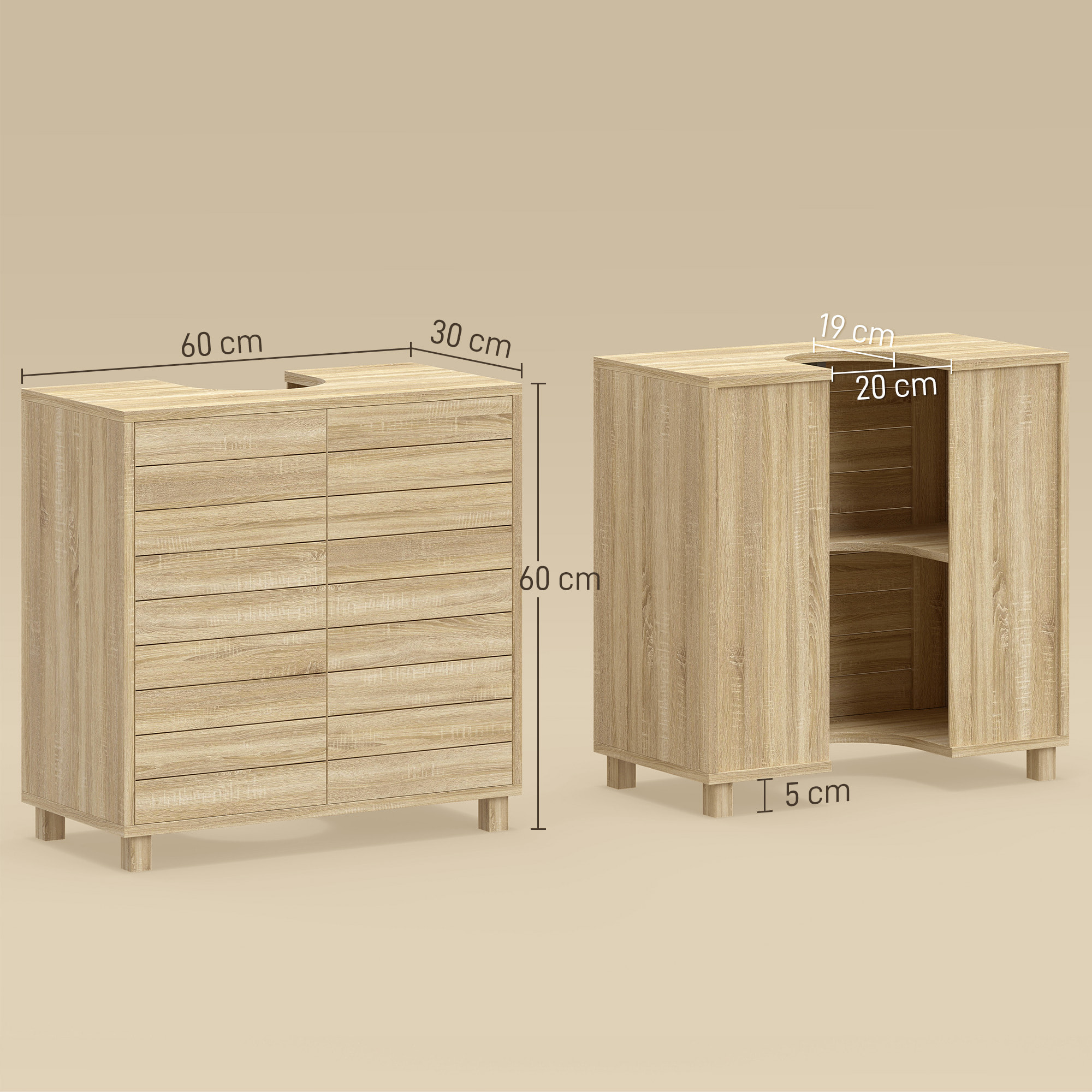 Mueble Bajo Lavabo, Mueble de Baño con Estante Ajustable, Puertas de Listones y Apertura por Presión, para Lavabo con Pedestal o Pared, 60x30x60 cm, Natural