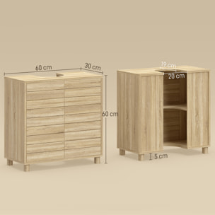 Mueble Bajo Lavabo, Mueble de Baño con Estante Ajustable, Puertas de Listones y Apertura por Presión, para Lavabo con Pedestal o Pared, 60x30x60 cm, Natural