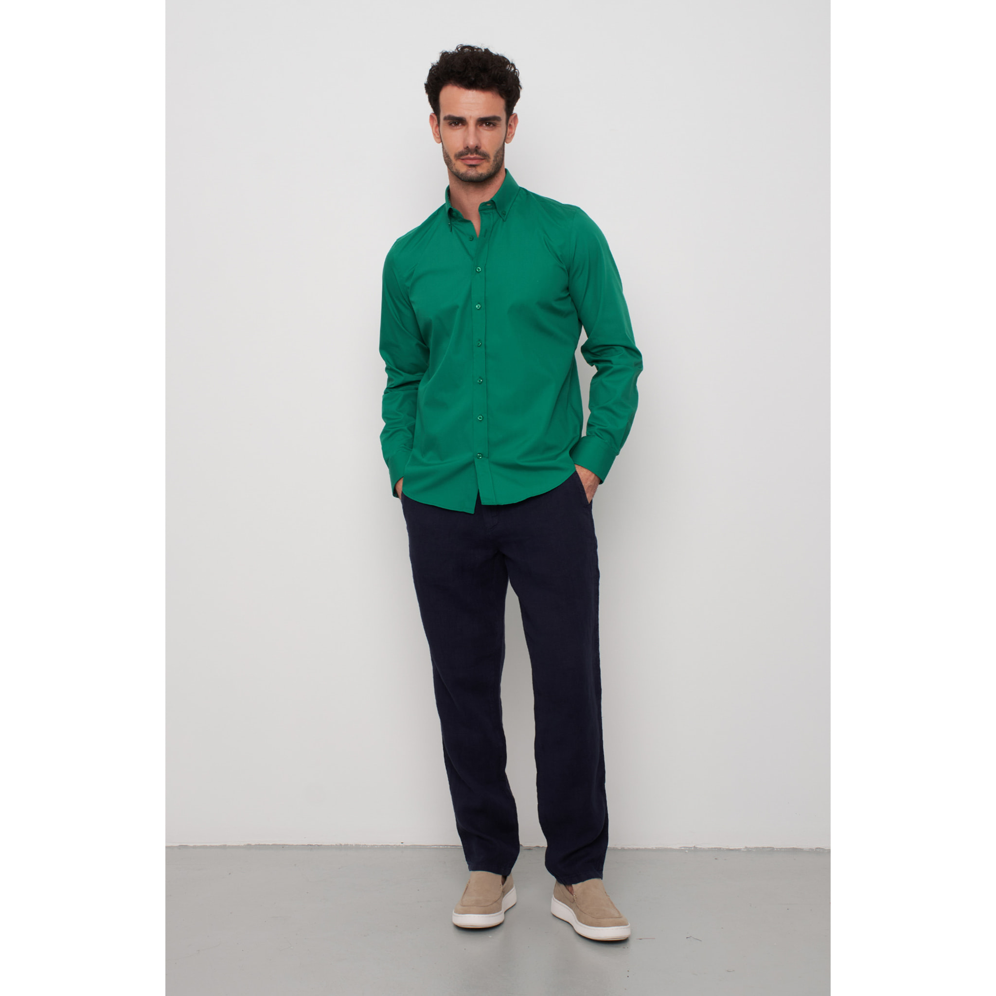 camicia uomo 1 bottone button down slim Popeline Stretch Unito Verde Foglia
